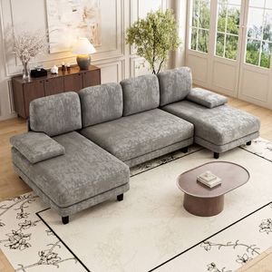 Advwin 280cm 4 Seater Sectional Sofa Chenille Fabric U Shape Couch Modern Sofa Couch with Double Chaise Light Grey