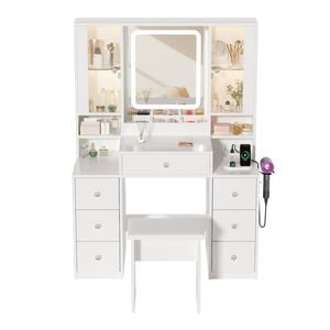 Ufurniture Large Dressing Table  7 Drawers RGB Cabinet LED Mirror Power Outlet White