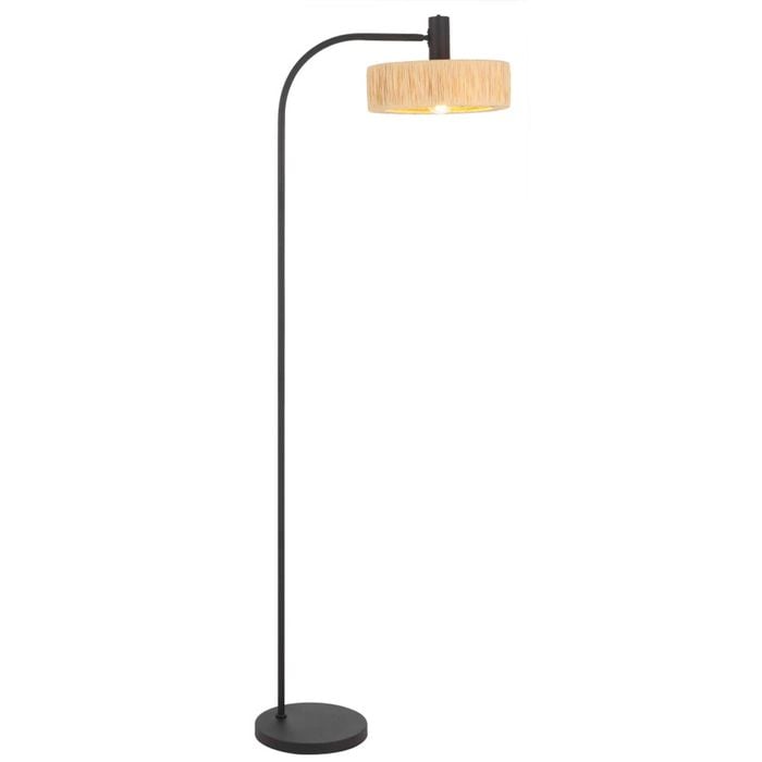 Telbix Katrin Industrial Standing Floor Lamp Light Foot Switch Metal Raffia Black Natural Matte Natural