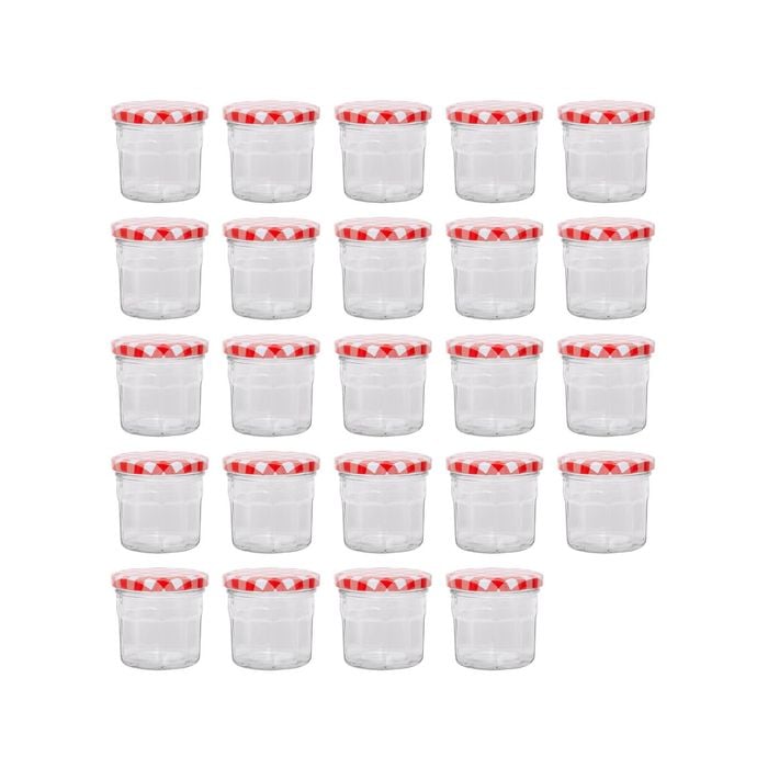 Argon Tableware 130ml Glass Jam Jars With Airtight Red Gingham Lids - Set Of 24 Empty Screw Top Kitchen Storage Preserving Jar
