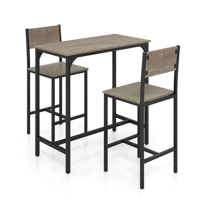Costway 3pcs Bar Table & Chairs Kitchen Stools Counter Height Dining Set Grey
