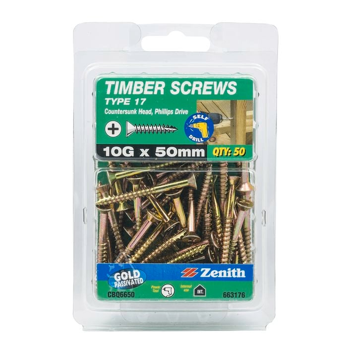 Zenith 10G x 50mm Gold Passivated Type 17 Countersunk Head Timber Screws - 50 Pack