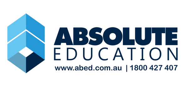 Absolute education logo in light and dark blue shades with website and number in logo  