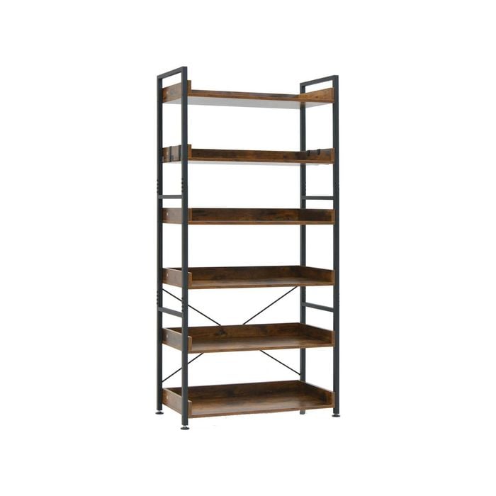 Costway 6-tier Storage Bookcase Display Shelves W/4 Hooks Brown