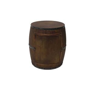 P&P Brown Wooden Barrel Side Table With Storage Door Round Accent Table Unit