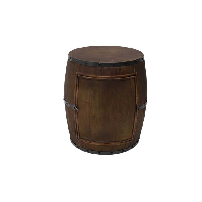 P&P Brown Wooden Barrel Side Table With Storage Door Round Accent Table Unit