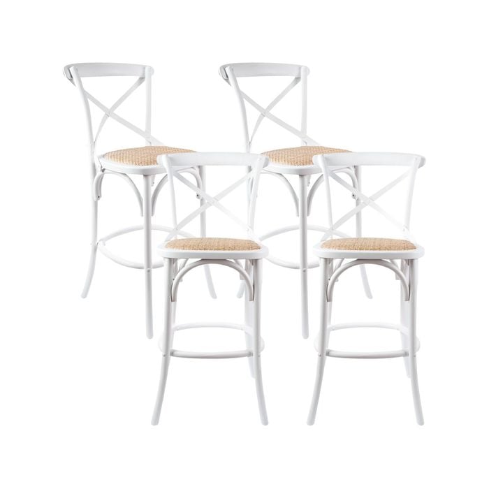 Aster 4pc Crossback Bar Stools Dining Chair Solid Birch Timber Rattan Seat White
