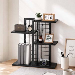 Ufurniture Desktop Bookshelf Wood Adjustable Display Rack w/4 Shelves & Open Compartment Black