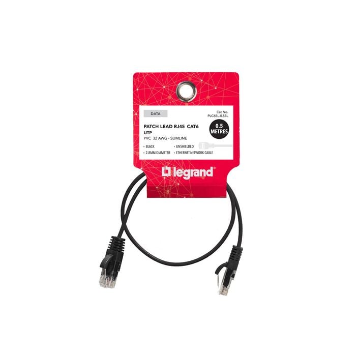 Legrand 0.5m Black Cat6 RJ45 UTP Slimline Patch Lead - Bunnings Australia