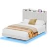 Advwin Floating Bed Frame With Led Lights And Charging Station, Velvet Upholstered Storage Headboard, Queen Size, Beige