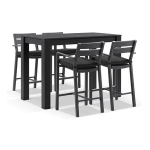 Santorini Outdoor Aluminium 1.5m Bar Table Charcoal With 4 Stools & Denim Grey Cushions