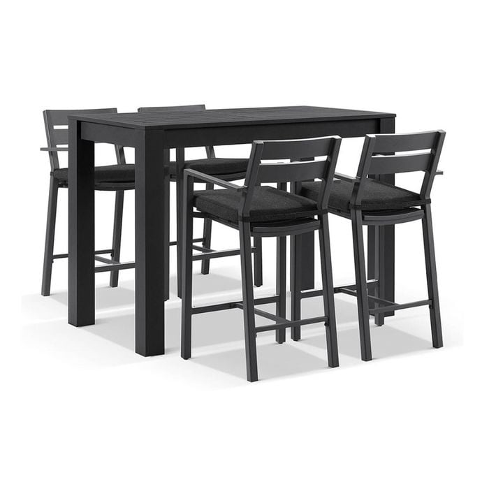 Santorini Outdoor Aluminium 1.5m Bar Table Charcoal With 4 Stools & Denim Grey Cushions