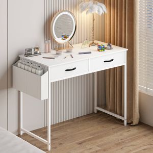 Advwin 100cm Small Desk with 2 Drawers and Storage Bag Makeup Vanity Desk White