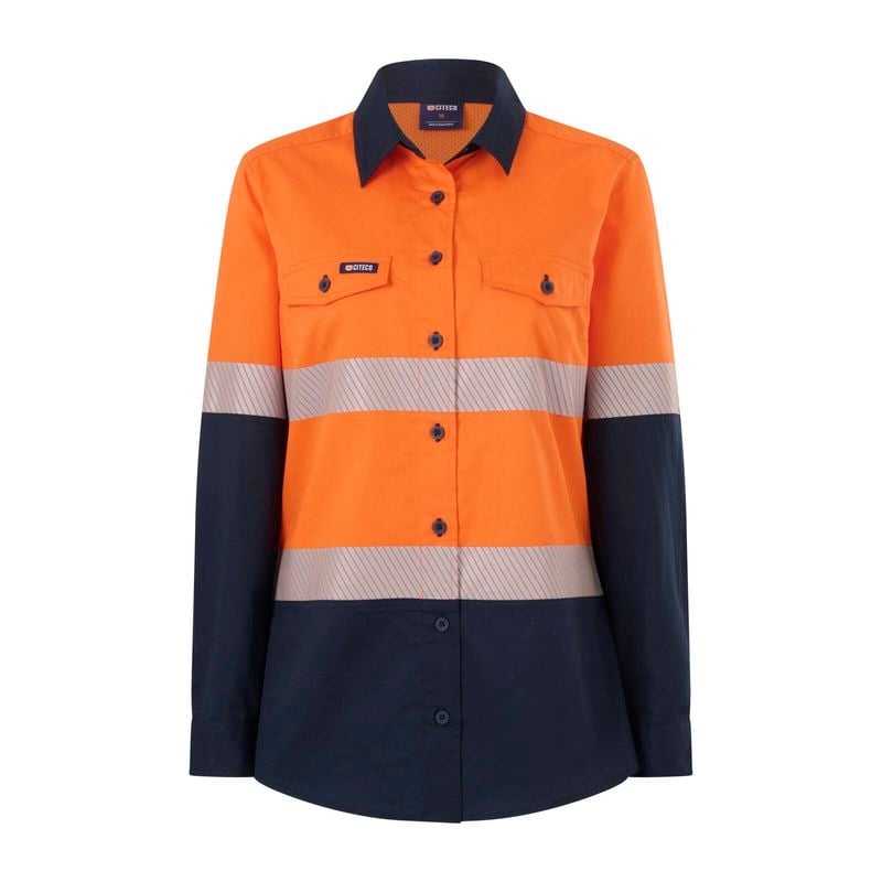 Size 14 Orange/Navy Womens Long Sleeve Shirt Taped Hi Vis