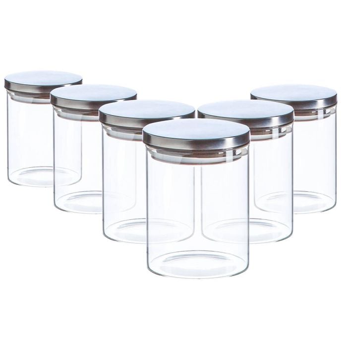 Argon Tableware Glass Storage Jar - Silver Lid - 750ml - Modern Round Scandi Organisation Container Glass Jar - Set Of 6