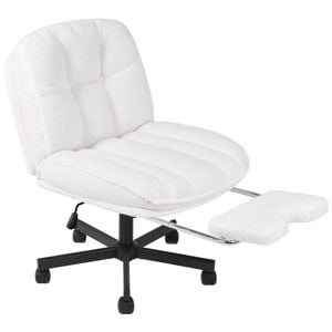 Advwin Armless Office Chair with Footstool Teddy Fleece Ergonomic Chair Study Seat with Rocking Mode White