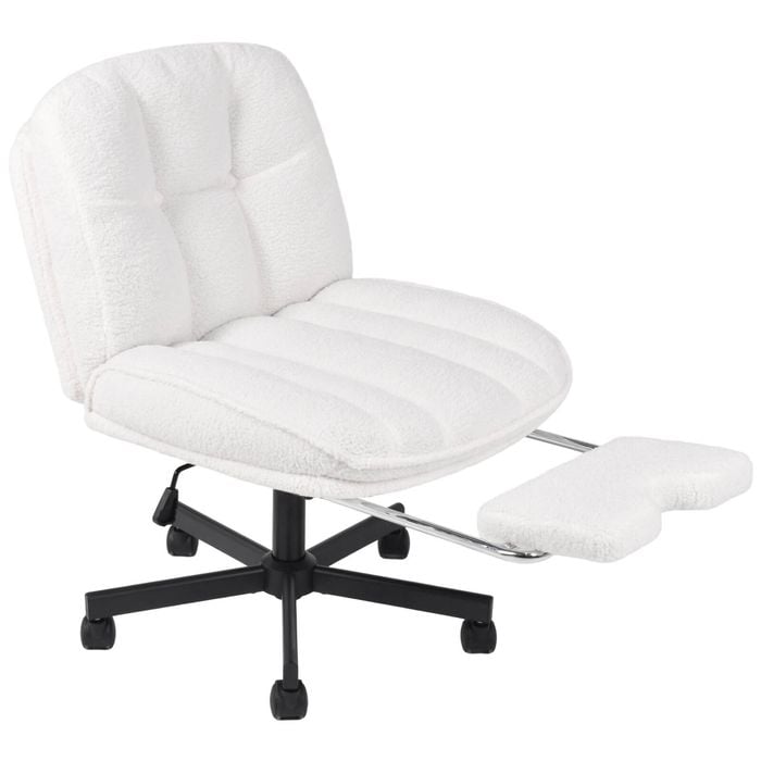 Advwin Armless Office Chair with Footstool Teddy Fleece Ergonomic Chair Study Seat with Rocking Mode White