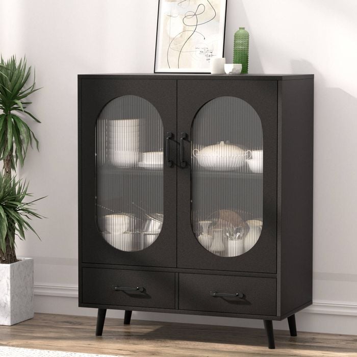 Homfurn Buffet Sideboard Cupboard Cabinet Doors 2-tier Shelf Storage Table Black