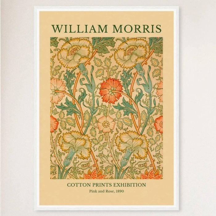 Galrie William Morris Cotton Prints Exhibition in Pink and Rose 1890 Art for Home Decor, White Frame, A4 21 x 30cm (8 x 12inch)