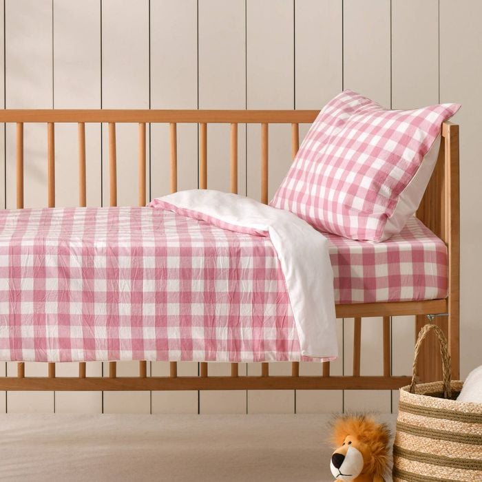 Dreamaker Baby Lola Washed Cotton Yarn Dyed Gingham Quilt Cover Set Pink Pearl Cot