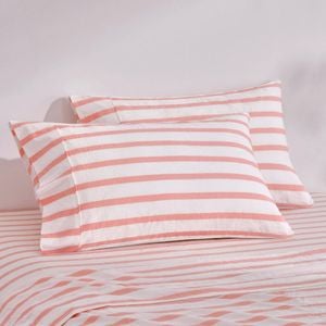 Dreamaker Bask Washed Cotton Yarn Dyed Stripe Pillowcase Coral Twin Pack