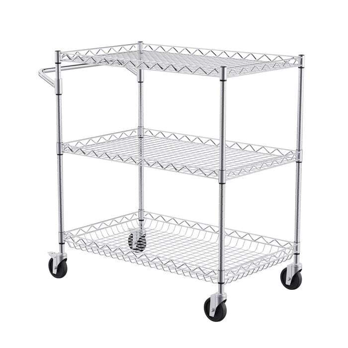 VEVOR Kitchen Utility Cart Silver Wire Rolling Steel Service Metal Storage Trolley 6 Hooks 3 Tiers