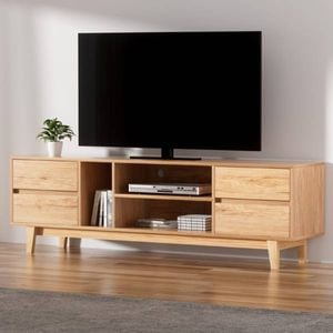HOMFURN 180cm TV Unit – 4 Drawers + 3 Open Shelves, Cable Management, Solid Rubber Wood Legs, Pine Finish