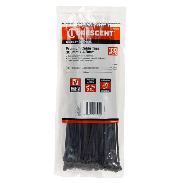 Crescent 300 x 4.8mm Black  Cable Ties - 100 Pack