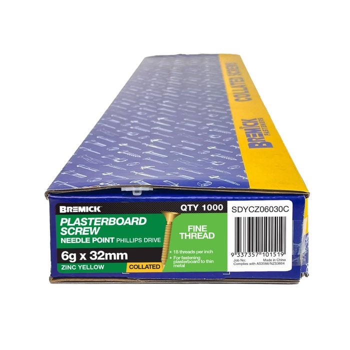 Bremick Collated Plasterboard Screw 6g x 32mm Yellow Zinc Fine - 1000 Pack