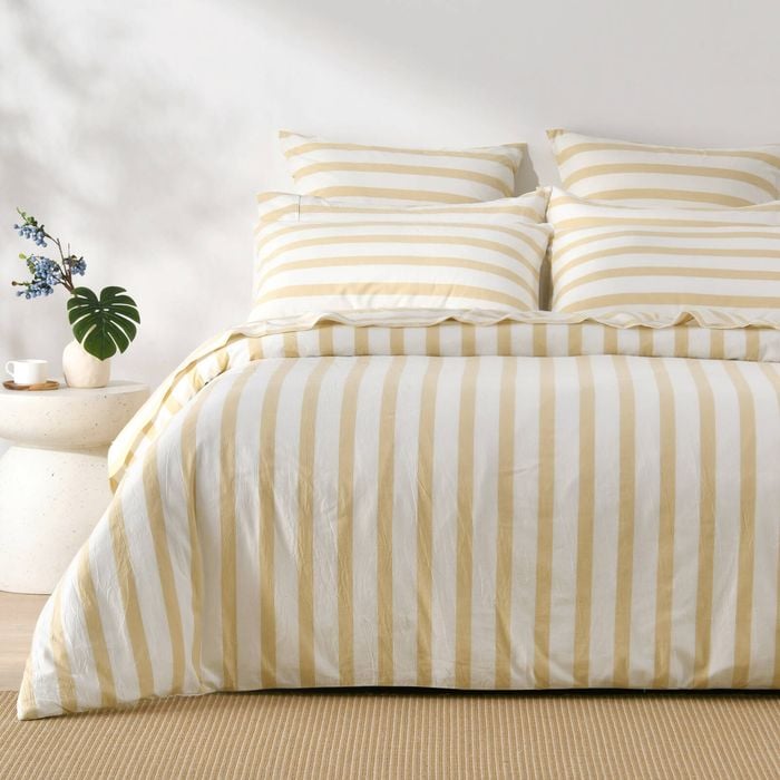 Dreamaker Cove Washed Cotton Yarn Dyed Wide Stripe Quilt Cover Set Sand Double