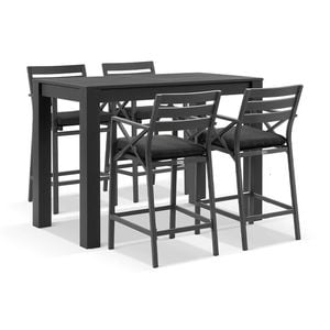 Santorini Outdoor 1.5m Rectangle Aluminium Table Charcoal With 4 Kansas Bar Stools & Denim Grey Cushions