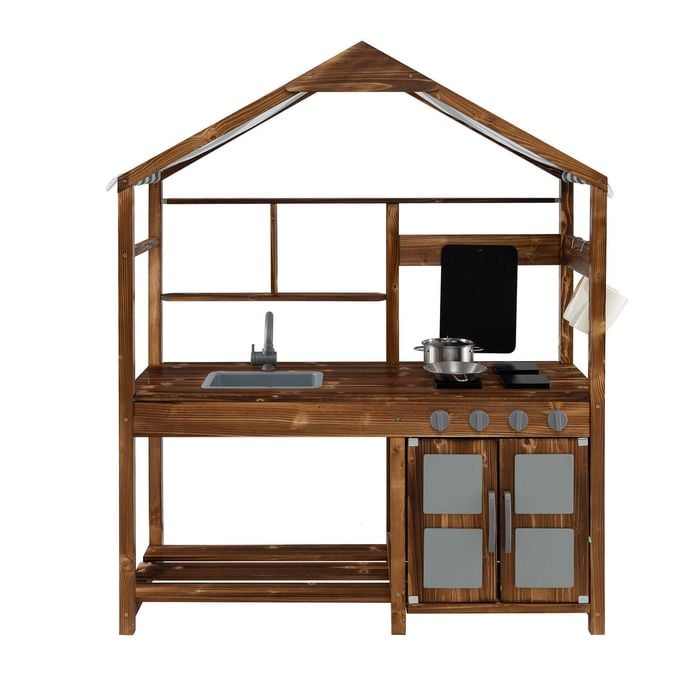 Costway Kids Wood Kitchen Playset Pretend Cooking Toy with Chalkboard