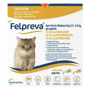 Felpreva Spot-On For Medium Cats 2.5 To 5kg 1 Pipette