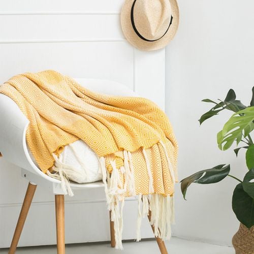 CottonMore Cotton Knitted Tassel Blanket Diamond Pattern Home Decor Throw Rug 180x130cm Yellow Bunnings Australia