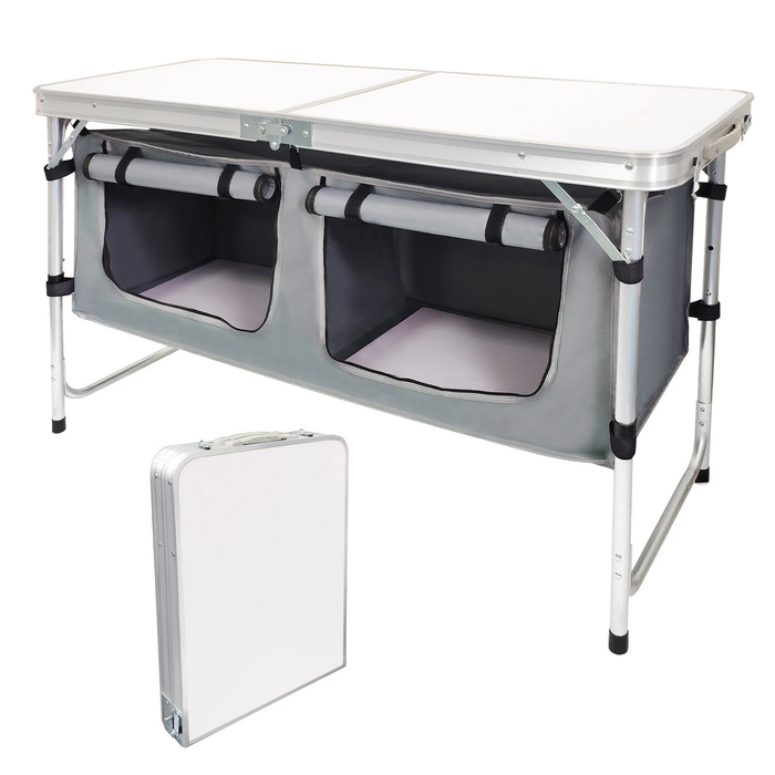Provecta 120cm White Black Folding Camping Table Aluminium Portable Picnic Table With Storage Organizer