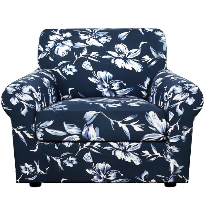 Smarcute 1 Seater Stretch Floral Pattern 2 Pieces Seperated Sofa Covers Navy
