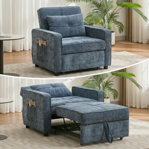 Sofa Bed 3 in 1 Convertible, Pullout Single Sleeper Chair Bed with Adjustable Backrest, Spacious Multifunctional Armchair, Blue