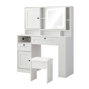 Oikiture Dressing Table Stool Set Led Mirror Makeup Desk With Charging Station