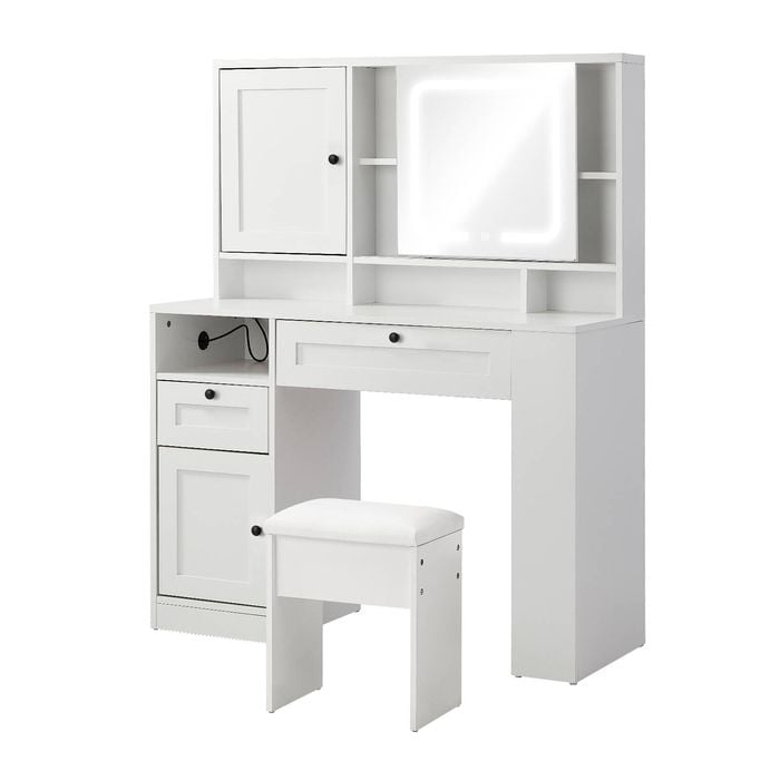 Oikiture Dressing Table Stool Set Led Mirror Makeup Desk With Charging Station