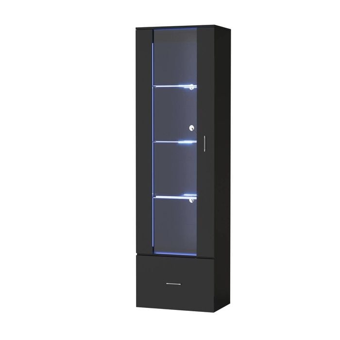 Oikiture Display Cabinet Buffet Sideboard LED Light High Gloss Cupboard Black