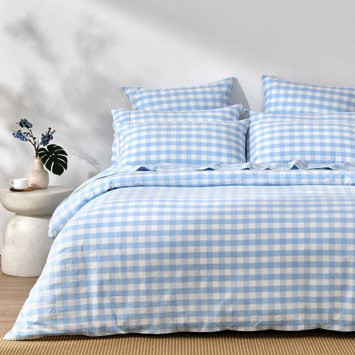 Dreamaker Lola Washed Cotton Yarn Dyed Gingham Quilt Cover Set Sky Double