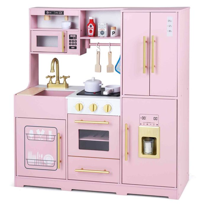 Costway Wooden Play Kitchen Pretend Cabinet Ice Maker Refrigerator-Pink