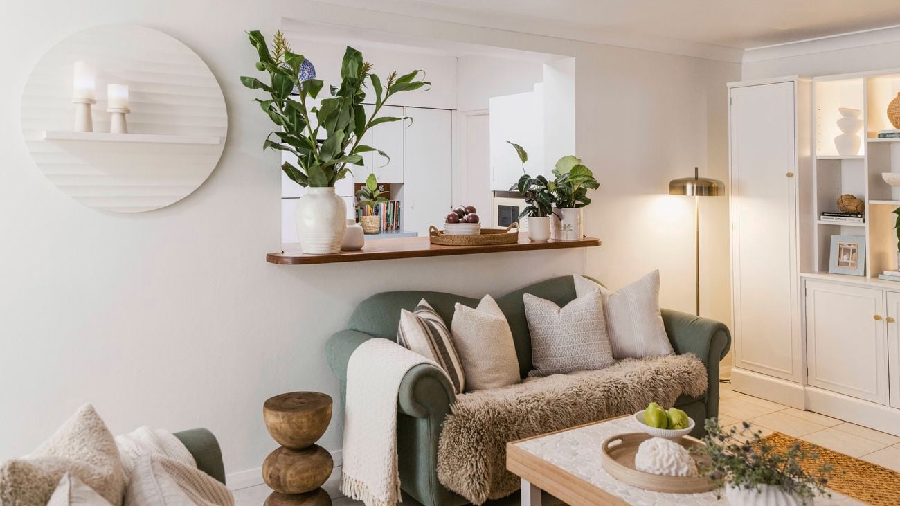Living room view from a dining surface, showing white cabinetry with shelving, a television, indoor plants, and sheer curtains.