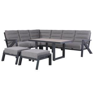 FurnitureOkay Mosman 7-Piece Aluminium Outdoor Modular Lounge Setting — Charcoal / With Low Dining Table