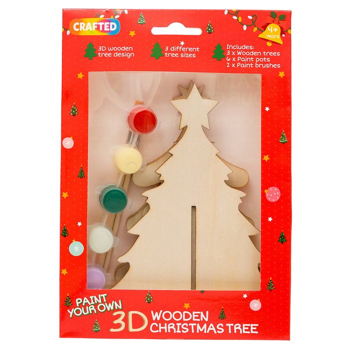 Crafted Paint Your Own 3D Wooden Christmas Tree Kit - 3 Pack