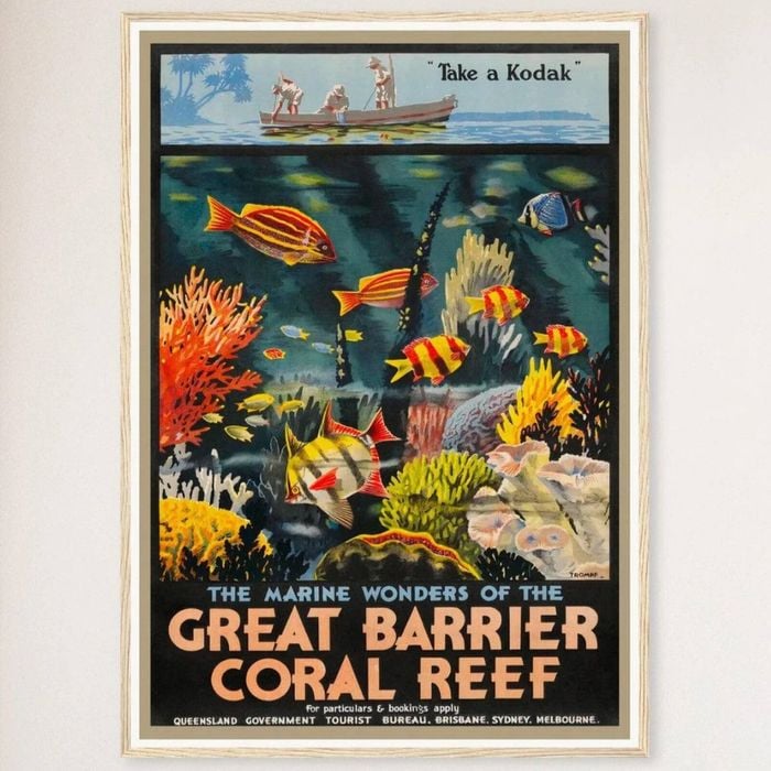 Galrie Vintage Great Barrier Reef Travel Poster by Roger Broders Queensland Australia Art, Wood Frame, A1 60x 84cm (23 x 33inch)