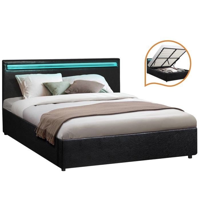 Oikiture Bed Frame Gas Lift RGB LED Black MARC- Queen
