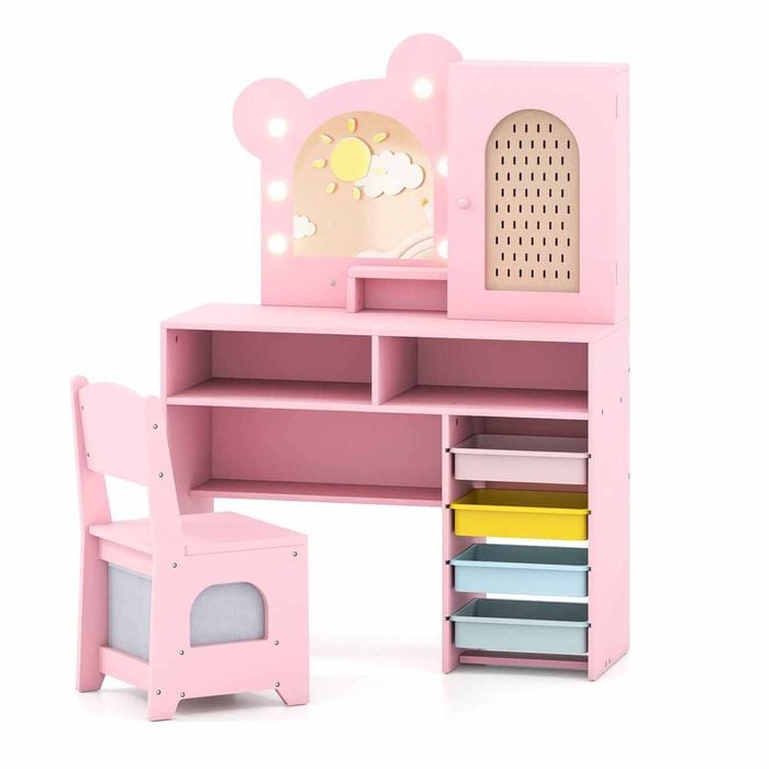 Costway Kid Vanity Desk Set Makeup Dressing Table Chair W/shelf Pink