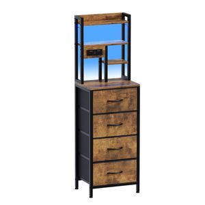 Advwin Tall Bedside Table with Led Lights & Charging Station, Nightstand with 4 Drawers Brown