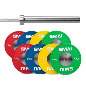 Smai Competition Bumper Plate Set With Barbell - 140kg + 20kg Silver Barbell (bearing)